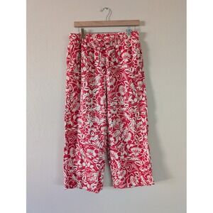 Rafaella Womens Red Floral Linen Blend Wide Leg Drawstring Pants M Vacation Boho